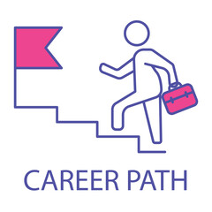 Vector icon for career path. A person climbing steps towards a flag, representing career progression, growth, and professional goals in monoline style.