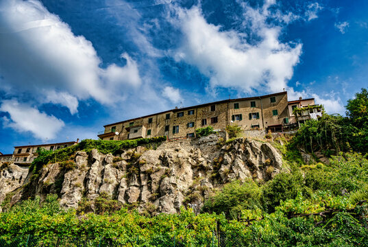 Panorama of the medieval village of Santa Fiora Tuscany Italy seen from the fishpond area