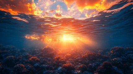 Underwater view of vibrant sunset with coral reef below.