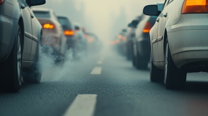 A busy traffic scene showcasing cars emitting exhaust fumes in a foggy atmosphere, highlighting urban congestion and pollution.