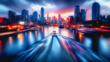 Obraz premium Sailboat moves fast in futuristic city at sunset with colorful light trails