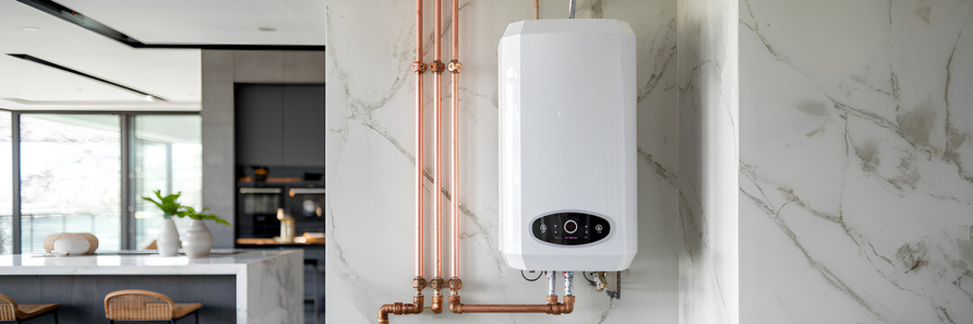 A modern white tankless water heater connected to the main water and plumbing system