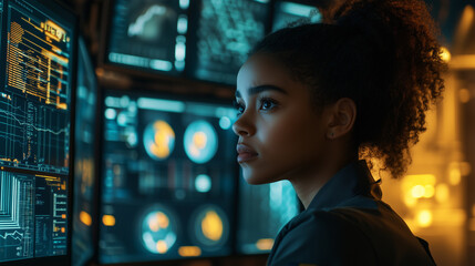 African American woman analysing cyber security, data research, ar. Young scientist, data safety blue orange purple hologram. Big data, augmented, virtual reality, machine learning AI concept.