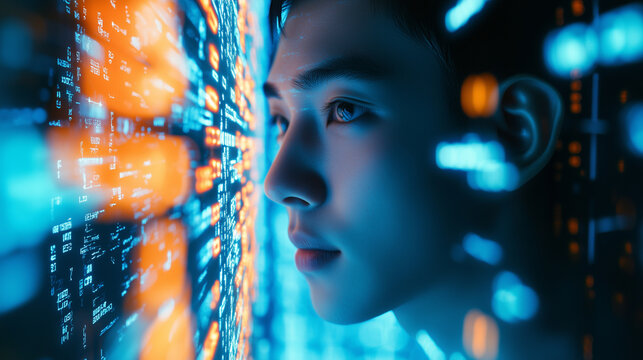 Young Asian doctor scientist analysing research data, coding vr, ar. Young scientist, data safety blue orange purple hologram. Big data, augmented, virtual reality, machine learning AI concept.