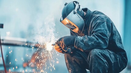 Fototapeta premium Welding Worker Sparks Safety Industrial Equipment Low Angle