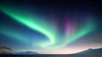 A dramatic image of the aurora borealis dancing across the night sky, with vibrant green and purple hues illuminating the landscape. The scene is captured with a deep depth of field, highlighting the
