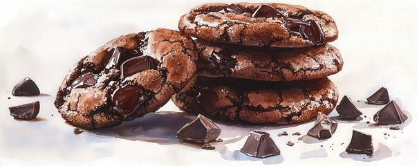 Obraz premium Close-up of indulgent chocolate cookies with a slightly crisp exterior and gooey, molten chocolate centers, showcasing the glossy chocolate chunks and the rich, inviting texture that promises a