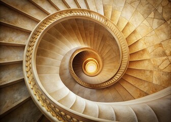 Elegant monochrome cream abstract spiral shape architecture background featuring paler hues, shaped bottom stone staircase design, with neutral colors, divine golden ratio aesthetic.