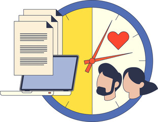 A clock divided into two halves: one with a laptop and documents, the other with a family, symbolizing work-life balance.