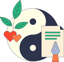 Yin Yang symbol with one side containing a pen and paper, and the other side a heart and a tree, representing balance between intellect and emotion.