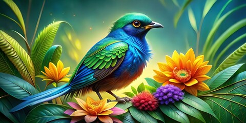 Obraz premium Vibrant blue and green hues, iridescent feathers radiating from center, leafy branches and exotic flowers surrounding the majestic bird's plumage.