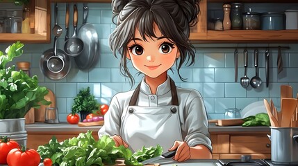 Cute anime girl chef in the kitchen cartoon. kawaii Asian woman cooking, preparing food wearing apron, uniform at home restaurant. Cute watercolor illustration, lofi anime girl style 3d digital art.