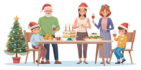 Flat Vector Illustration of a Candid Family New Year Celebration: Families Sharing Stories and Laughter Around a Festive Table
