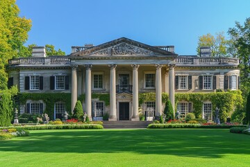 A grand mansion with classical architecture, lush gardens, and a clear blue sky.
