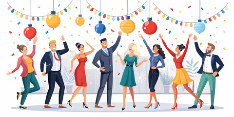 Vibrant Flat Candid New Year's Eve Party Scene: Guests Dancing Amidst Colorful Decorations & Lights in a Fun Illustration