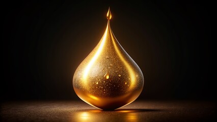 Luxurious golden serum gel drop glistens on a sleek black background, showcasing its smooth, glossy texture and mesmerizing droplet shape, evoking feelings of high-end skincare.