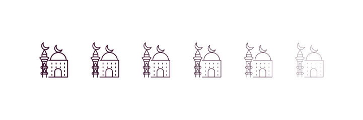 mosque and minaret outline icon. Linear vector from religion concept. 6 different line style mosque and minaret icon included thin, light, regular, medium, bold, black