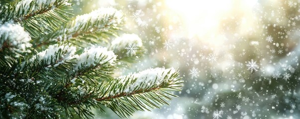 A serene winter scene featuring evergreen fir branches blanketed in snow, with the delicate snowflakes creating a soft, white layer over the dark green needles, evoking a sense of peace and seasonal