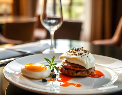 Breakfast  with egg beef cheese on white plate​ in luxury hotel