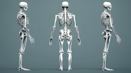 Human skeletal system from multiple angles, hyper-real, sharp, and high-quality, with detailed bone structure in graphic style