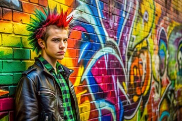 Fototapeta premium Vibrant graffiti wall with bold colors and rebellious slogans serves as a dynamic background for a potential portrait of young punk rock enthusiasts.