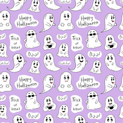 A purple background with a seamless pattern of ghosts and the words Happy Halloween, Trick or treat. The ghosts are smiling and wearing sunglasses