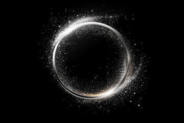 Glowing circular white frame with radiant particles on black background