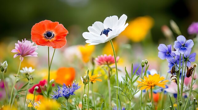 A close-up shot of a field of wildflowers in full bloom, with a vibrant array of colors and textures. The image captures the delicate beauty and diversity of the meadow ecosystem.