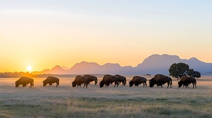 A herd of grazing animals, such as horses or bison, silhouetted against a golden sunset. The image evokes a sense of freedom and wildness in the meadow.