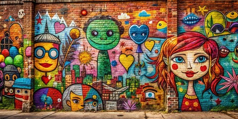 Fototapeta premium Vibrant splashes of colorful graffiti and whimsical drawings adorn a worn, textured brick wall, showcasing urban artistic expression in a lively, eclectic display.