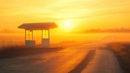 "Sunrise Over Misty Landscape with Bus Shelter"