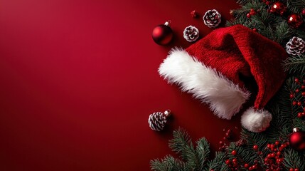 A Santa hat against a rich, red backdrop, the bright red of the hat and its fluffy white trim creating a festive and eye-catching contrast that evokes the warmth and celebration of the holiday season.