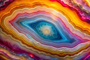 Vibrant agate stone displays stunning, mesmerizing stratified bands of pink, blue, yellow, and white, creating a kaleidoscopic, abstract background perfect for design and art projects.