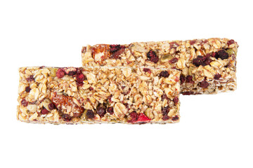 Granola bar cereal superfood energy nuts with berries isolated on white background