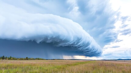 A dramatic image of a storm rolling in over a meadow, with dark clouds gathering and a sense of impending change. The image captures the dynamic beauty and power of nature.