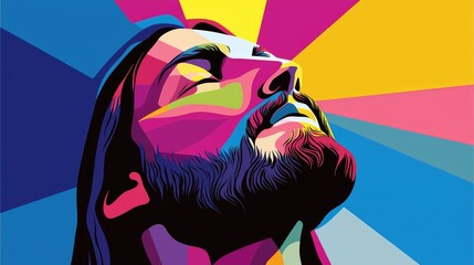 Abstract pop art style illustration of Jesus Christ's vibrant face