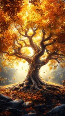 Illustration of a fantastic magic big autumn tree with deep strong roots and large crowns