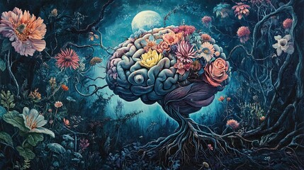 "Surreal Floral Brain Art with Moonlit Background"