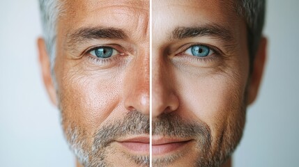 6. A side-by-side photo of a serious male face on the left, showing prominent wrinkles, dull skin, and a tired expression, compared to a refreshed, happy face on the right with smooth, glowing skin