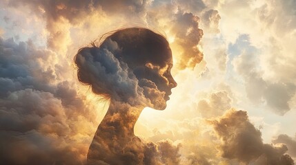 Ethereal Silhouette of a Woman Merging with Clouds