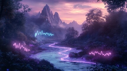 Ethereal Mountain Landscape with Neon River and Vibrant Colors