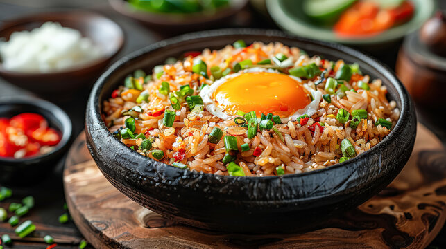 A bowl of rice with an egg on top. There are several bowls and spoons on the table