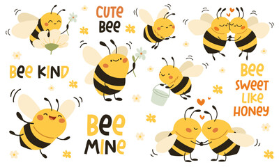 Vector collection of cute children's illustrations. Cute bees collecting honey, hugging kissing and flying. A set of lettering and lettering with a bee theme. . Vector illustration