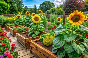Fototapeta premium Vibrant sunflowers standing tall amidst lush green annuals, surrounded by wooden raised beds filled with diverse vegetables, herbs, and flowers in full bloom.