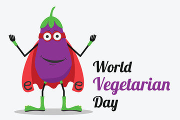 Happy eggplant character. Vegetable eggplant mascot. Vegetarian day poster or banner