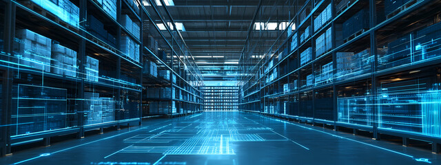 Obraz premium Digitalized Warehouse with Automated Shelving Systems