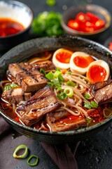 Spicy Pork Ramen Bowl. Japanese Ramen Soup with Noodles, Pork Belly, and Soft Boiled Egg