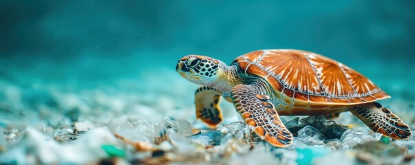 Fototapeta premium A vibrant sea turtle swimming gracefully among sparkling waters, showcasing its unique shell and peaceful marine habitat.