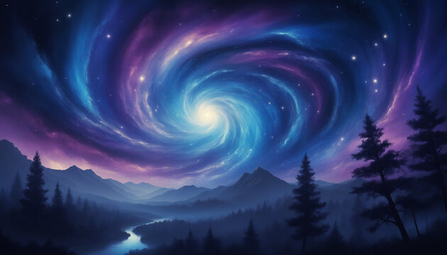 Fond paysage galaxie violet bleu ciel vo&ucirc;te c&eacute;leste cosmos espace n&eacute;buleuse tourbillon abstrait montagne arbre Fantasy.
