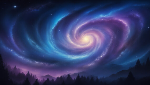 Fond paysage galaxie violet bleu ciel vo&ucirc;te c&eacute;leste cosmos espace n&eacute;buleuse tourbillon abstrait montagne arbre Fantasy.